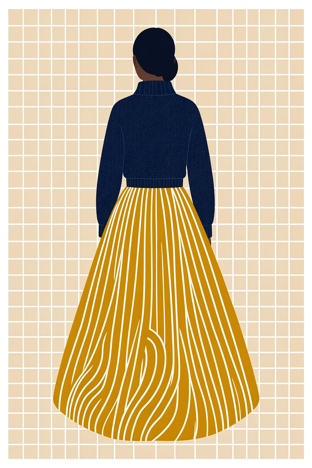 Blue Sweater Yellow Skirt. A woman seen from behind wears a dark blue sweater and a long ochre skirt with white vertical stripes before a cream grid.