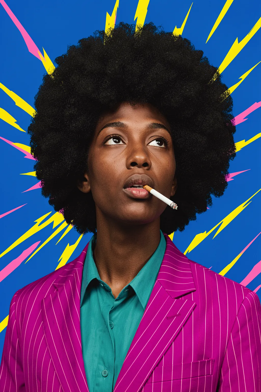 Intense Afro Smoker. A portrait shows a person with a large afro, a cigarette at the lips, and a magenta striped jacket against a vivid blue field with yellow and pink rays.