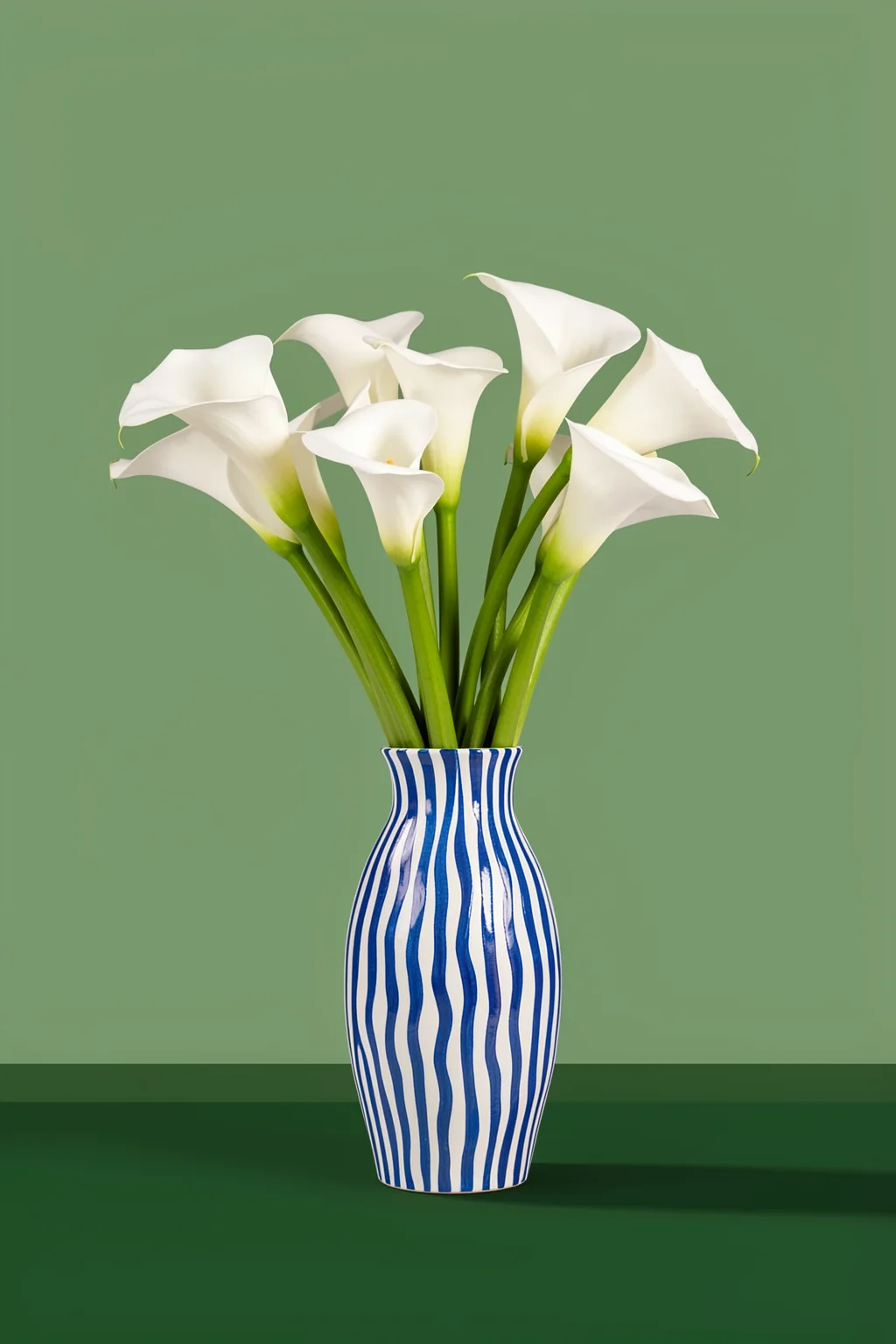 Abstract Floral Vase. White calla lilies stand in a blue-and-white striped vase against a sage-green wall and dark green tabletop.