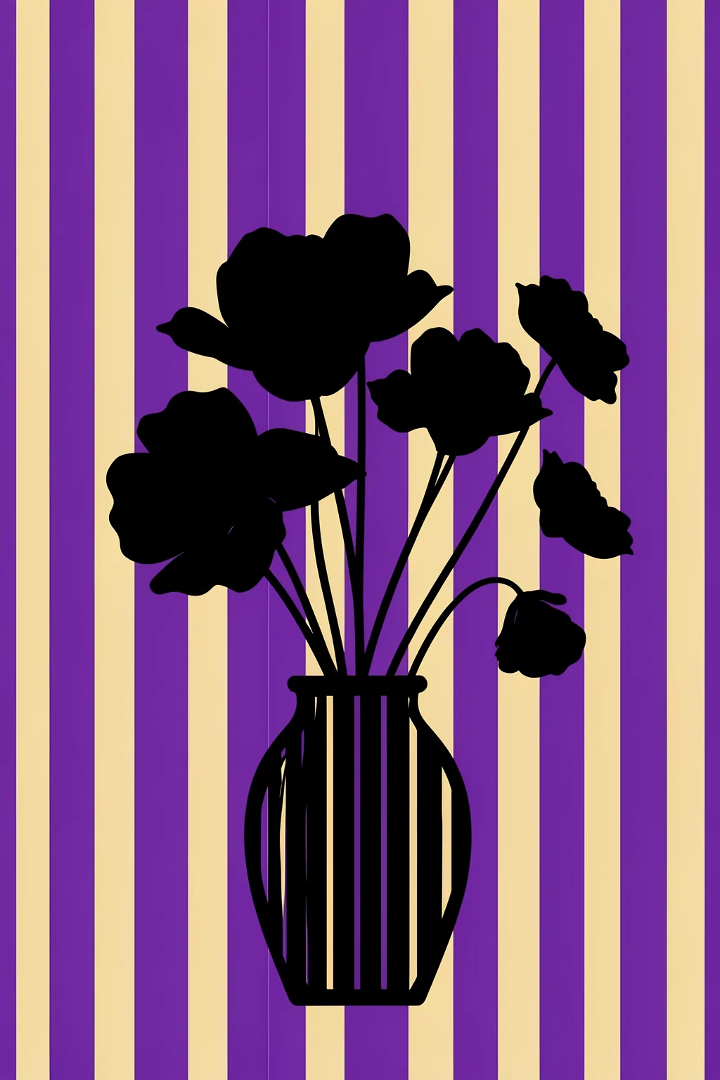 Bold Blooms in Vase. Black silhouetted flowers in a ribbed dark vase stand against alternating purple and pale-yellow vertical stripes.