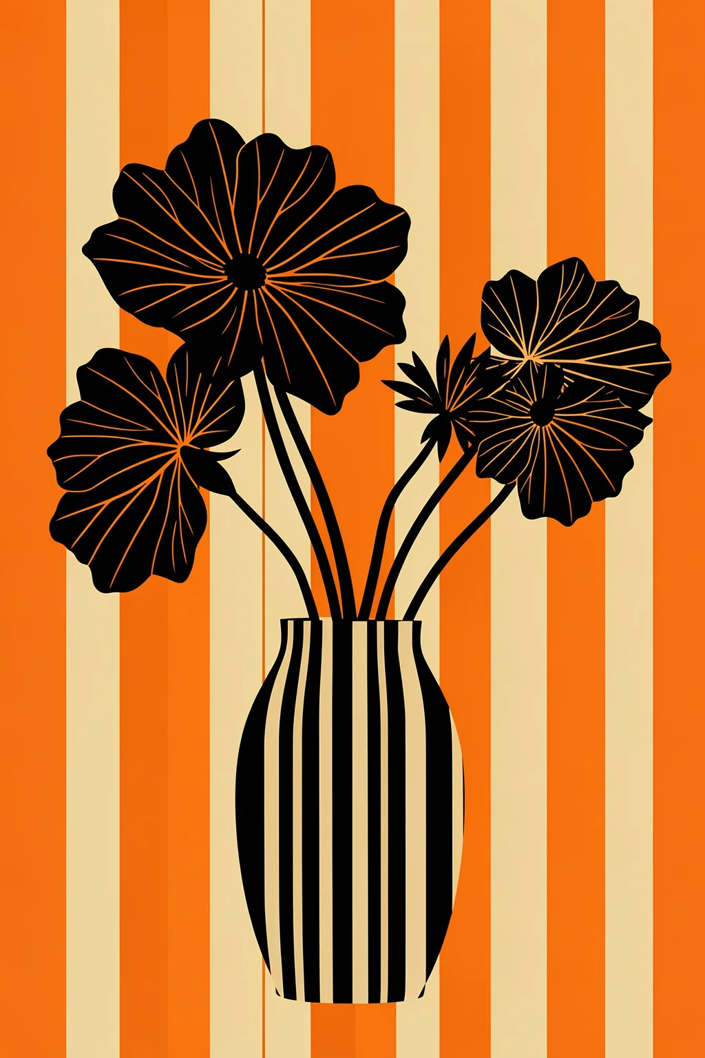 Bold Floral Stripes. Black flower silhouettes rise from a striped vase against orange and pale-yellow vertical bands.