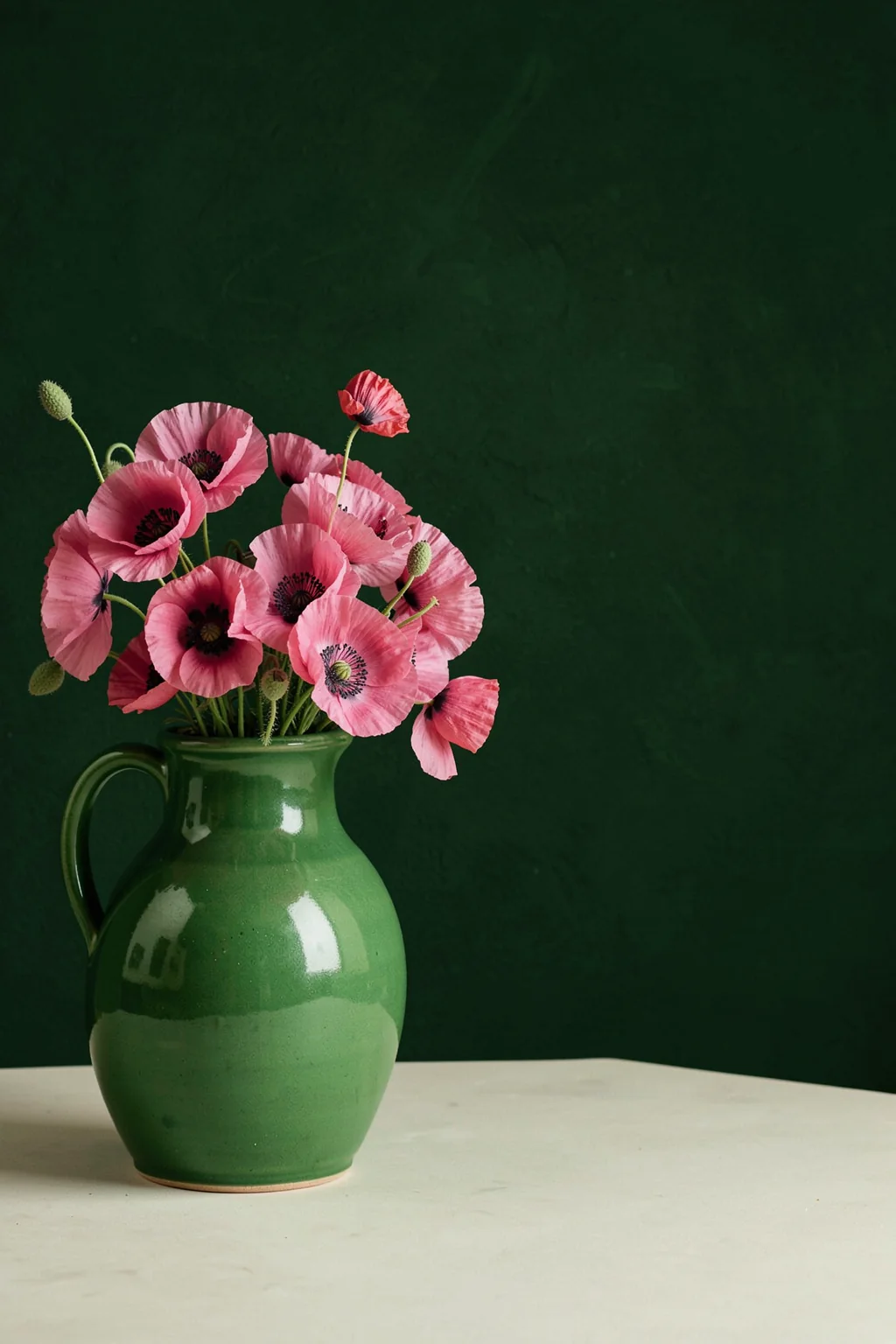 Pink Poppies Green Vase. Pink poppies with dark centers fill a rounded green vase on a pale tabletop against a deep green background.