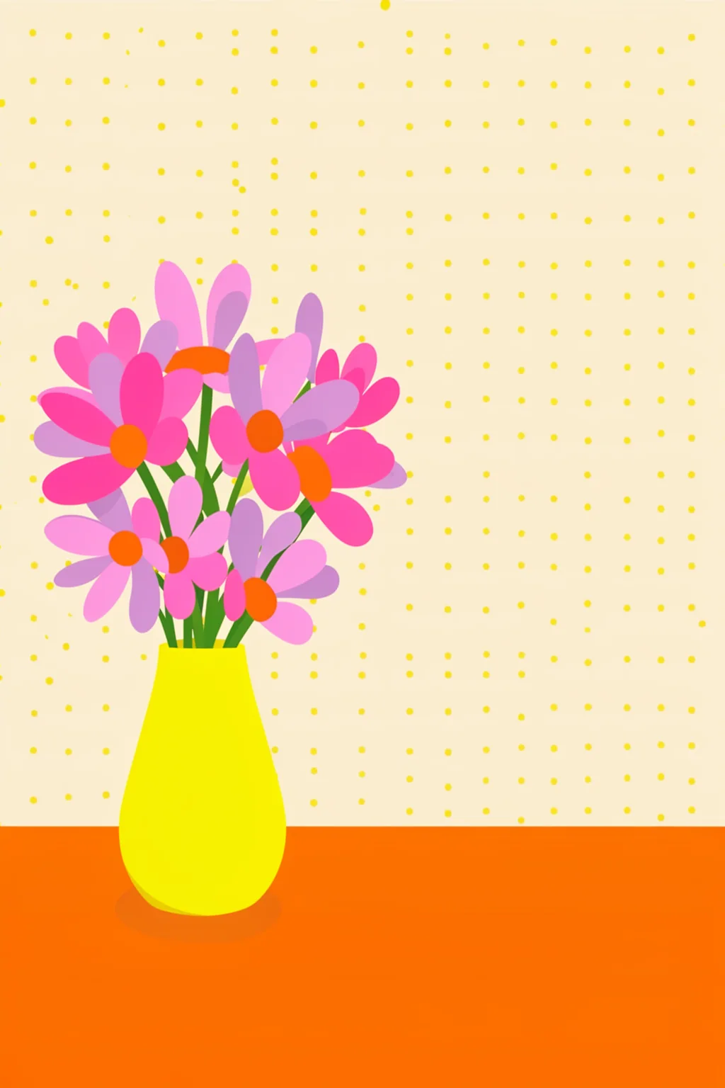 Vibrant Floral Still Life. A bouquet of pink flowers in a bright yellow vase stands on an orange surface against a dotted pale-yellow wall.