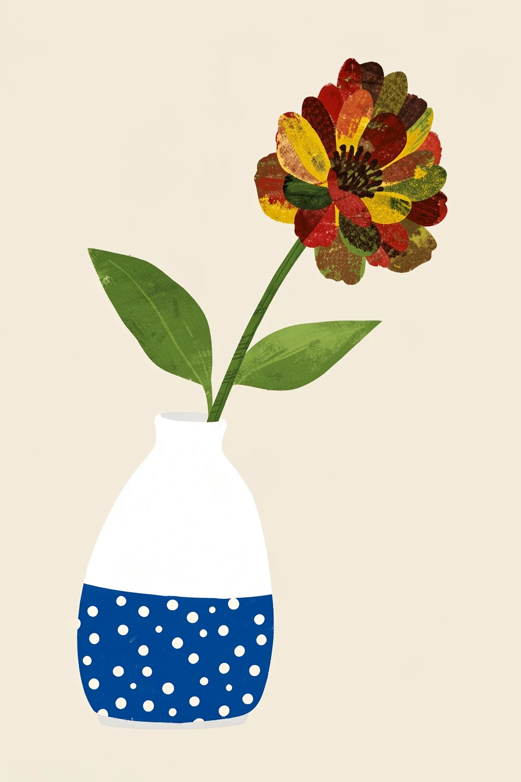 Vibrant Polka Dot Flower. A red, green and ochre flower with broad leaves stands in a white vase patterned with navy dots.