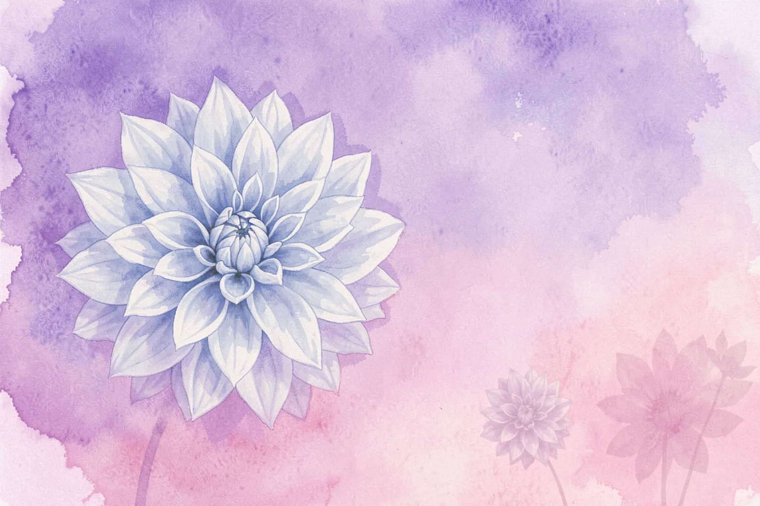 Dreamy Dahlia Blossom. A large pale dahlia fills the left side of a lavender-and-pink watercolor field, with faint smaller blooms to the right.