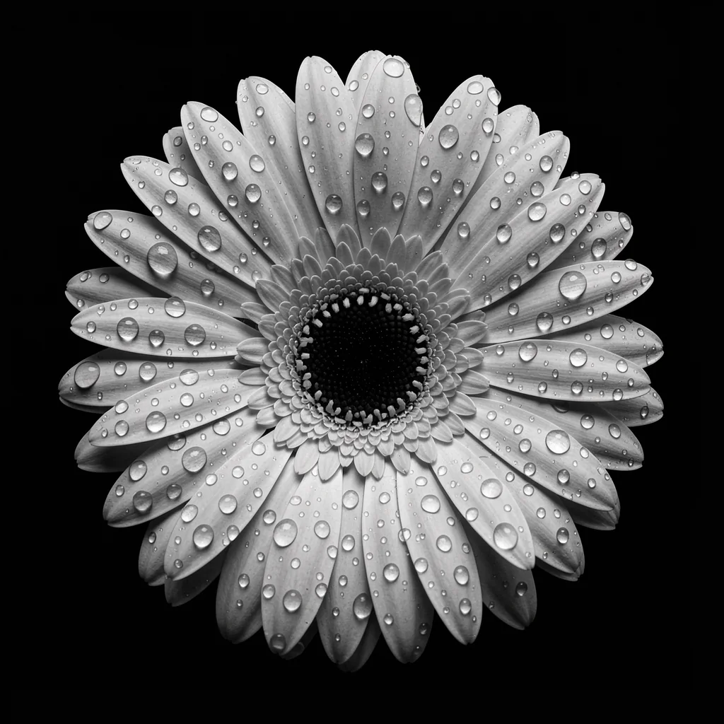 Monochrome Dewdrop Daisy. A grayscale daisy covered in round water droplets fills the center of a solid black background.