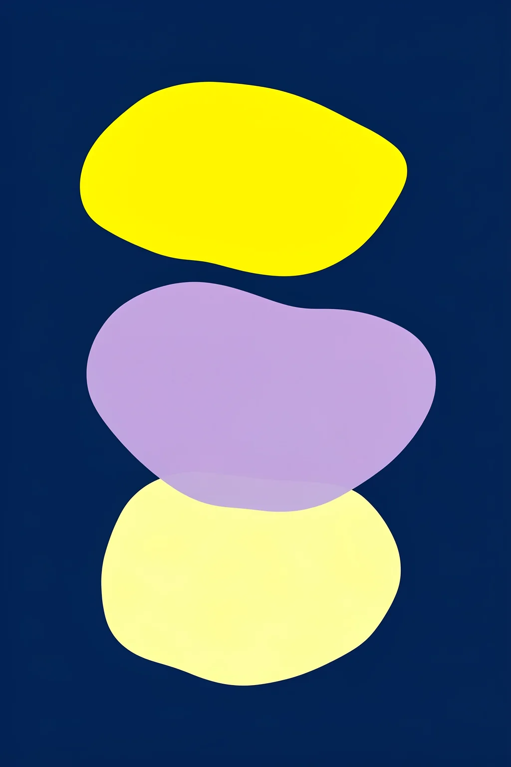 Abstract Forms Blue and yellow. Three large rounded forms in yellow, lavender, and pale cream are stacked vertically on a deep navy field.