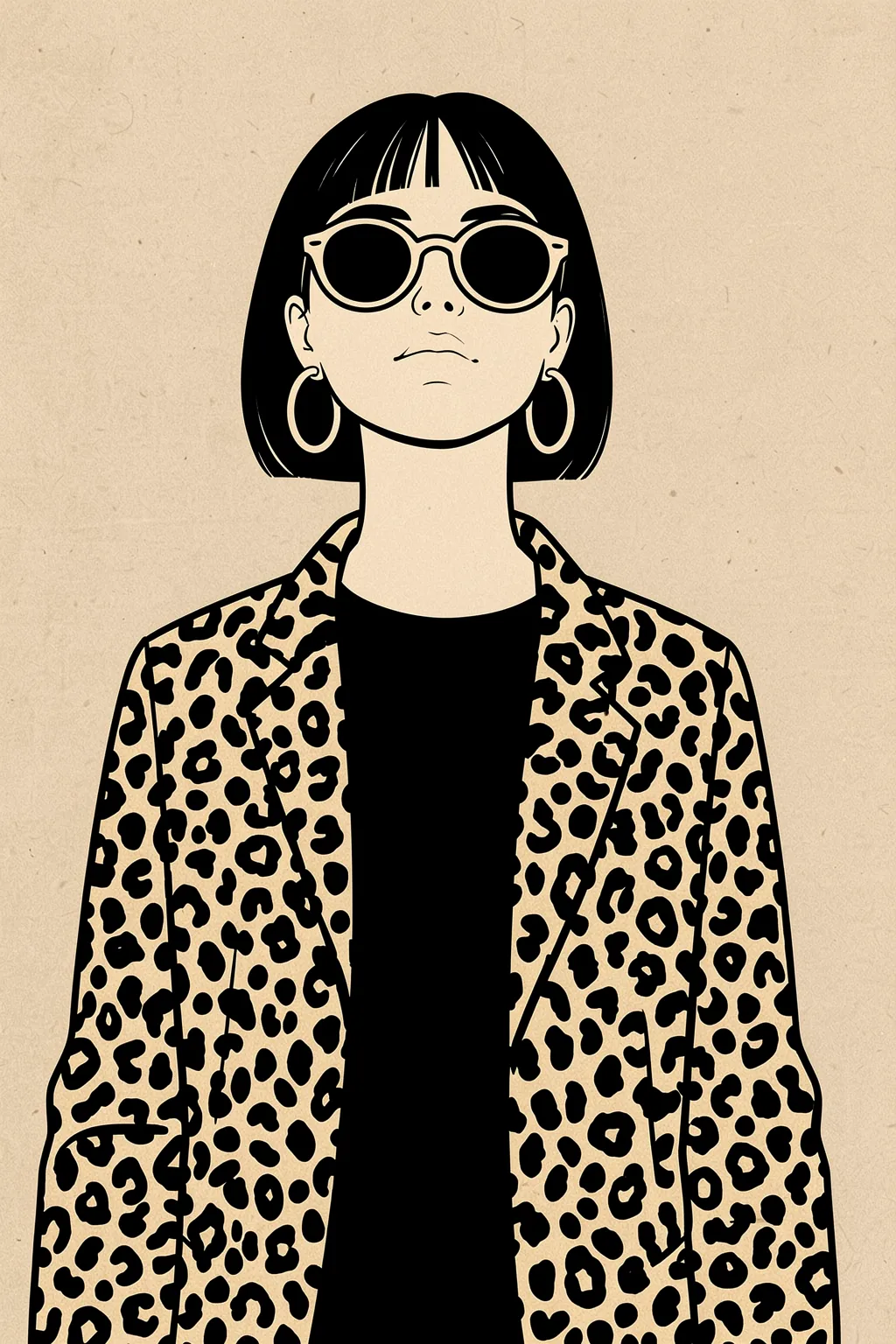 Chic Confidence. A woman with a short dark bob wears round sunglasses and a spotted jacket over a black top on textured cream.