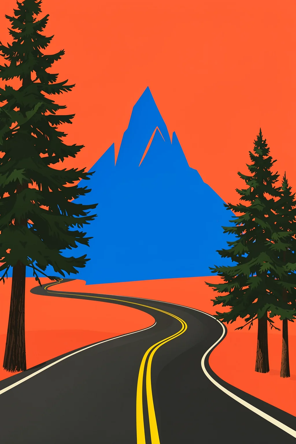 Clacier Road With Half Dome. A winding dark road leads between tall evergreens toward a sharp blue mountain beneath a vivid orange-red sky.