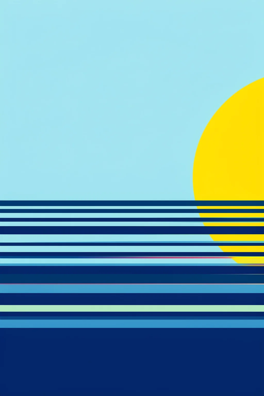 Sunrise In Ahrenshoop. A large yellow sun sits above horizontal bands of pale blue, turquoise and dark navy in a minimal seascape.