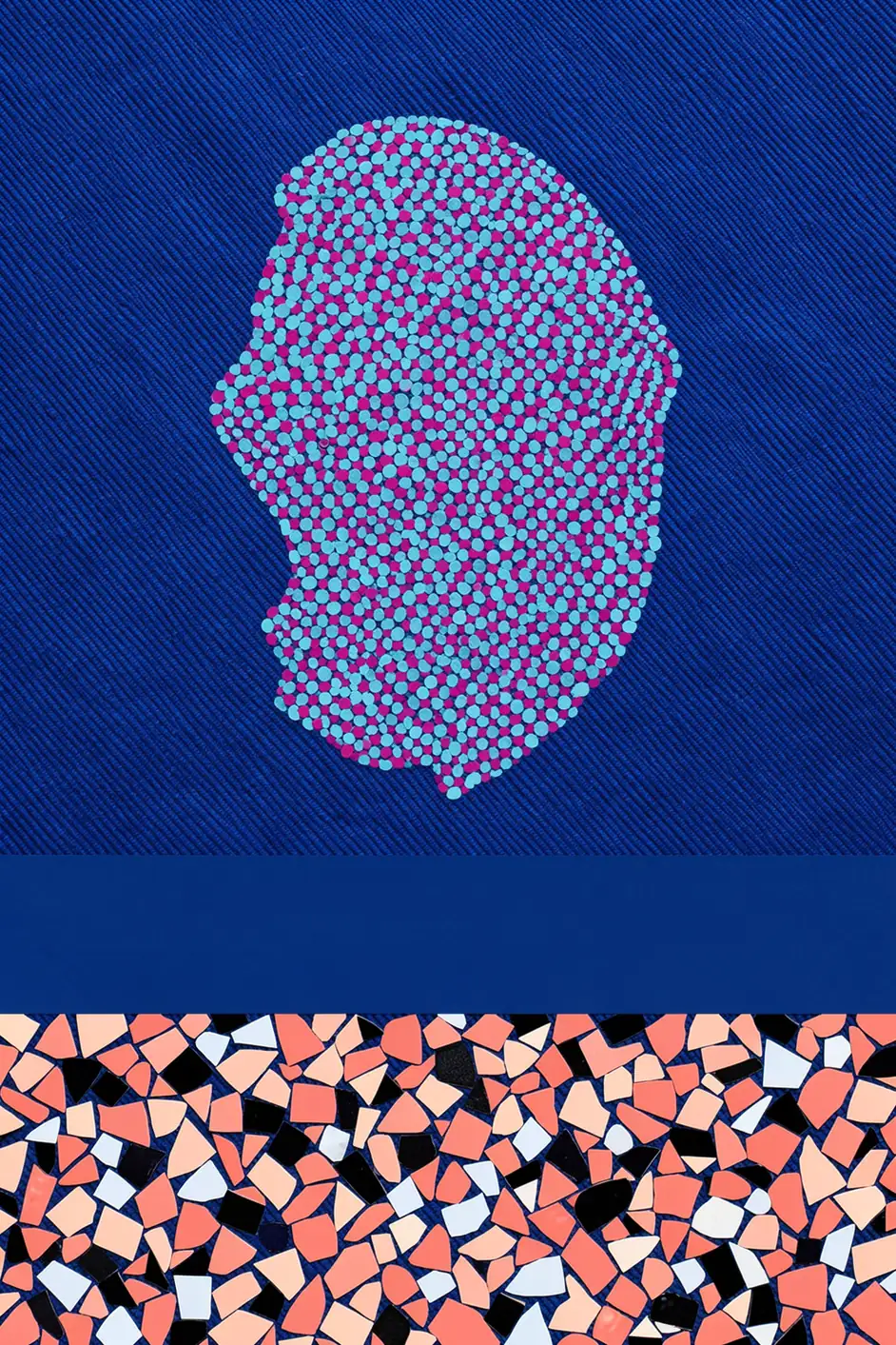 Colorful Abstract Mouse. A rounded silhouette made of pink and cyan dots sits above a band of small angular mosaic pieces on a dark blue field.