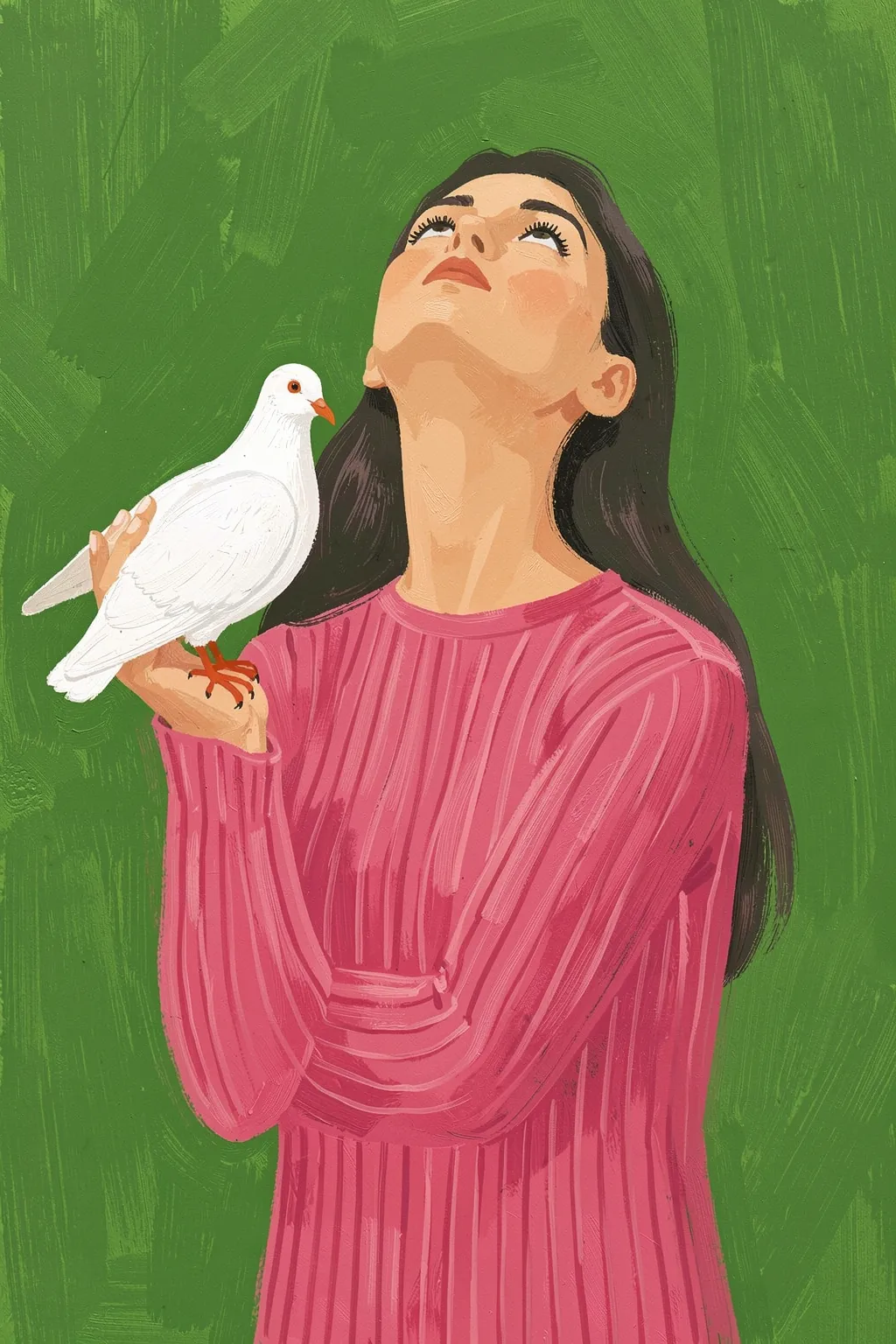 Calm Woman Holding Dove. A woman in a pink sweater looks upward while holding a white dove against a textured green background.