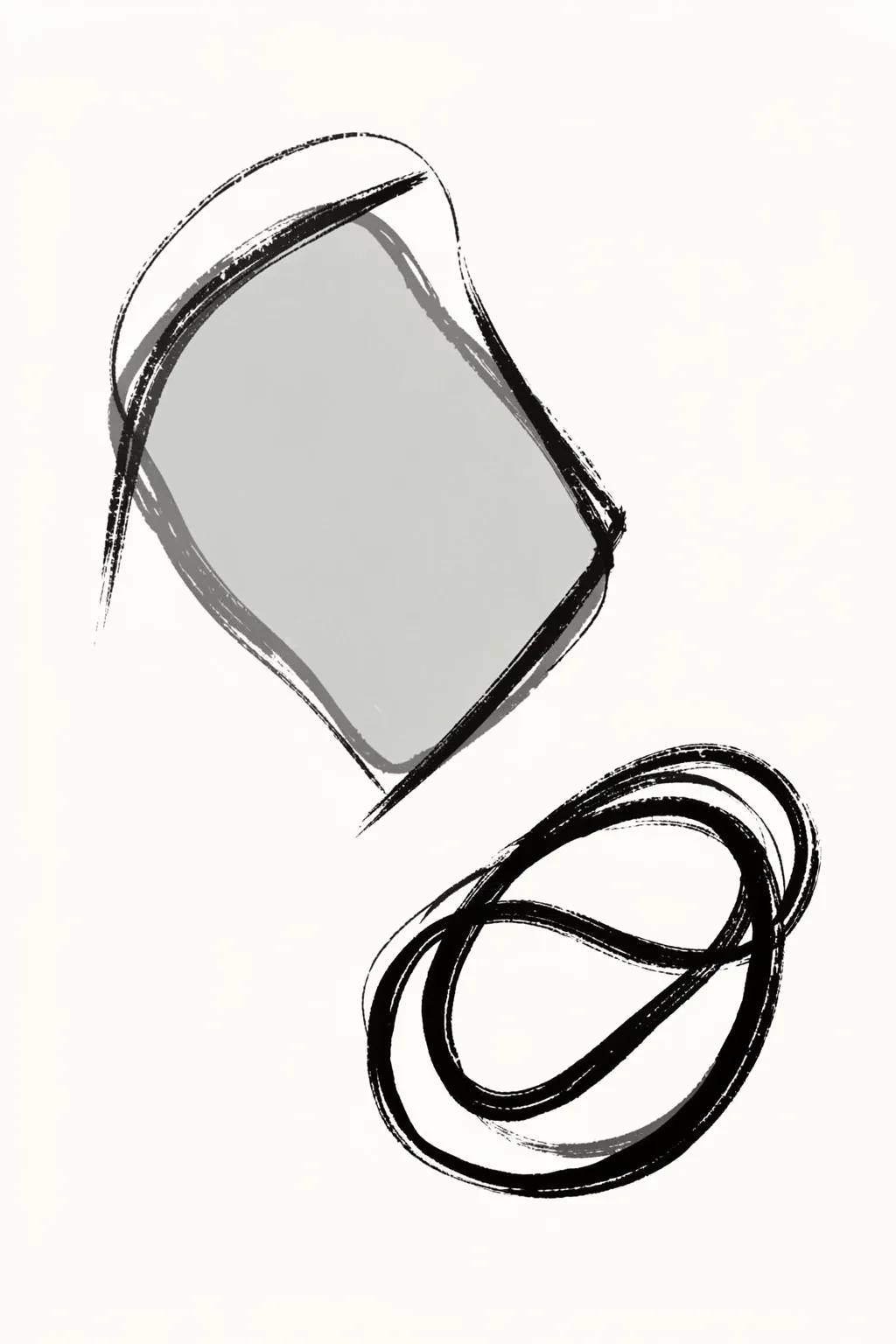 Continuous Organic Form. Two large looping black brush contours, one enclosing a pale gray center, sit on white.
