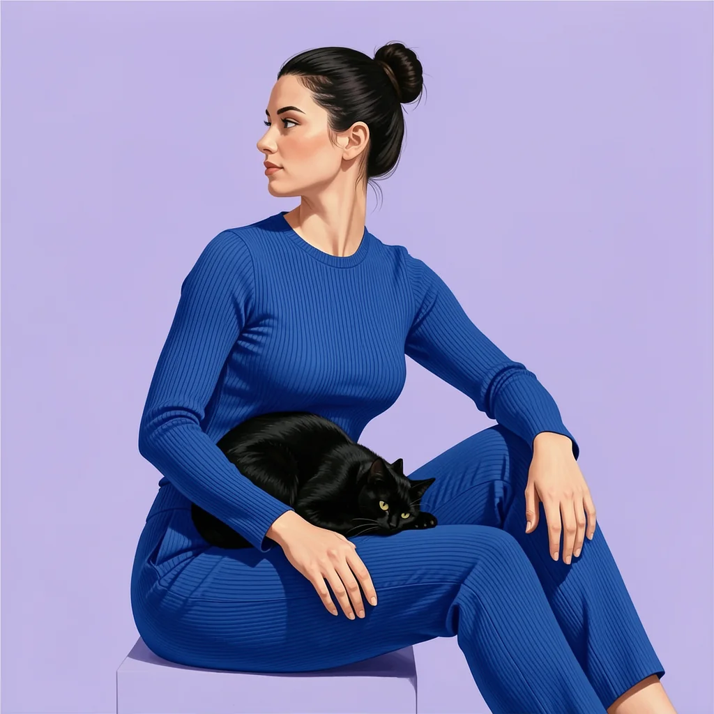 Cozy Cat Companion. A seated woman in a ribbed blue outfit rests with a black cat on her lap against pale lilac.