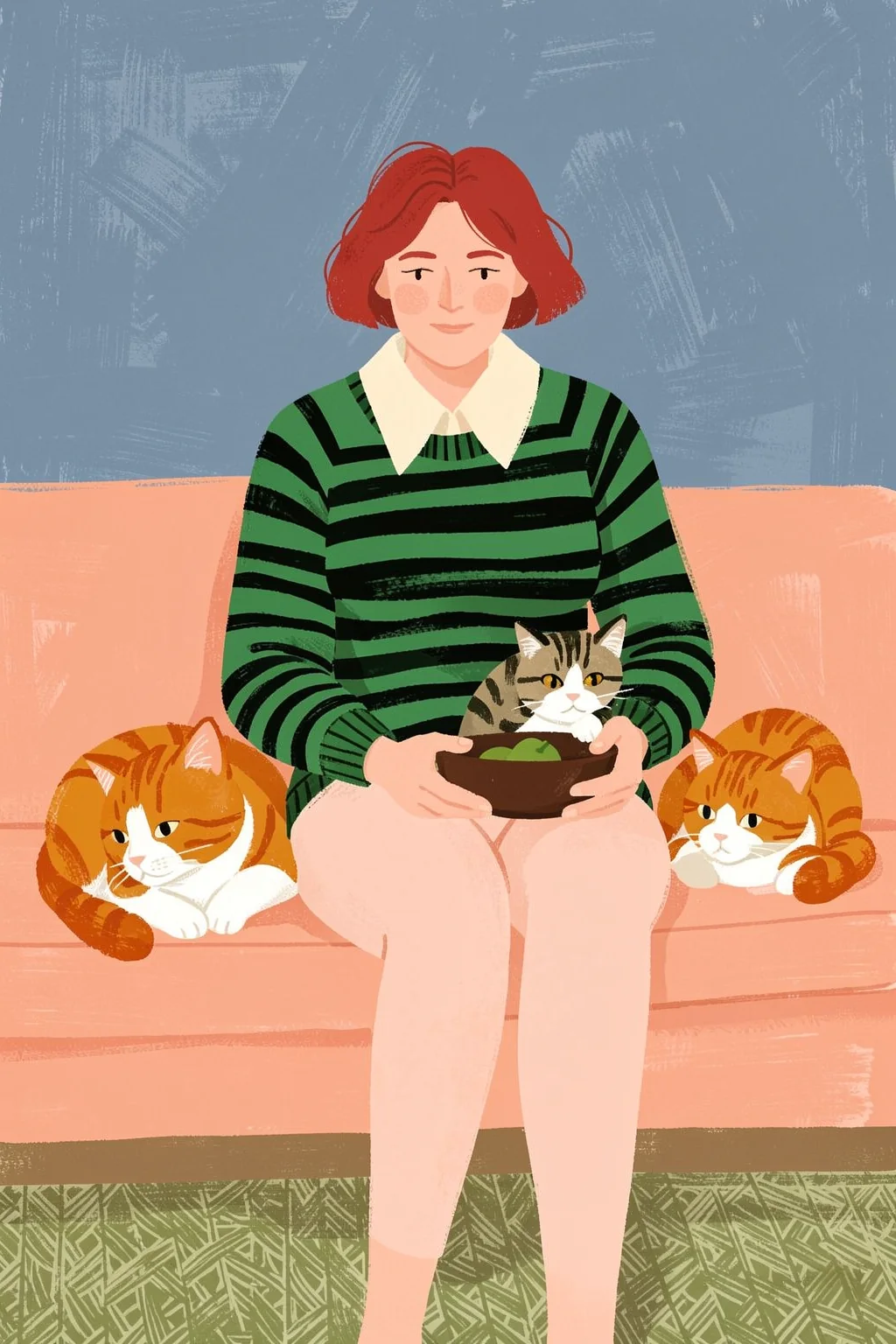 Cozy Woman and Cats. A red-haired woman in a green-and-black striped sweater sits with three cats among muted blue, coral, and olive shapes.