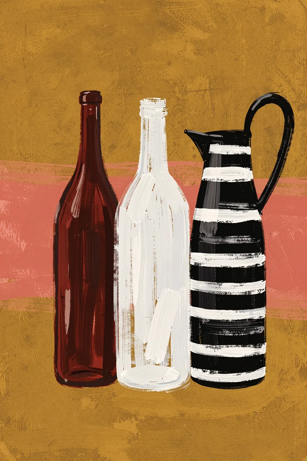 Rustic Ceramic Vessels. Three painted vessels—a dark reddish bottle, a tall pale bottle, and a black pitcher with white bands—stand against mustard and dusty rose blocks.
