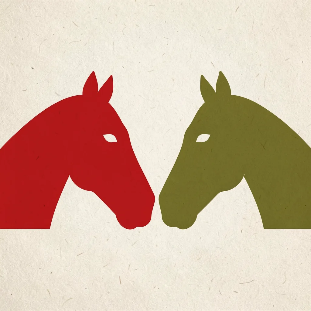 Two Abstract Horses. Two simplified horse heads, one red and one olive green, face each other on textured cream.