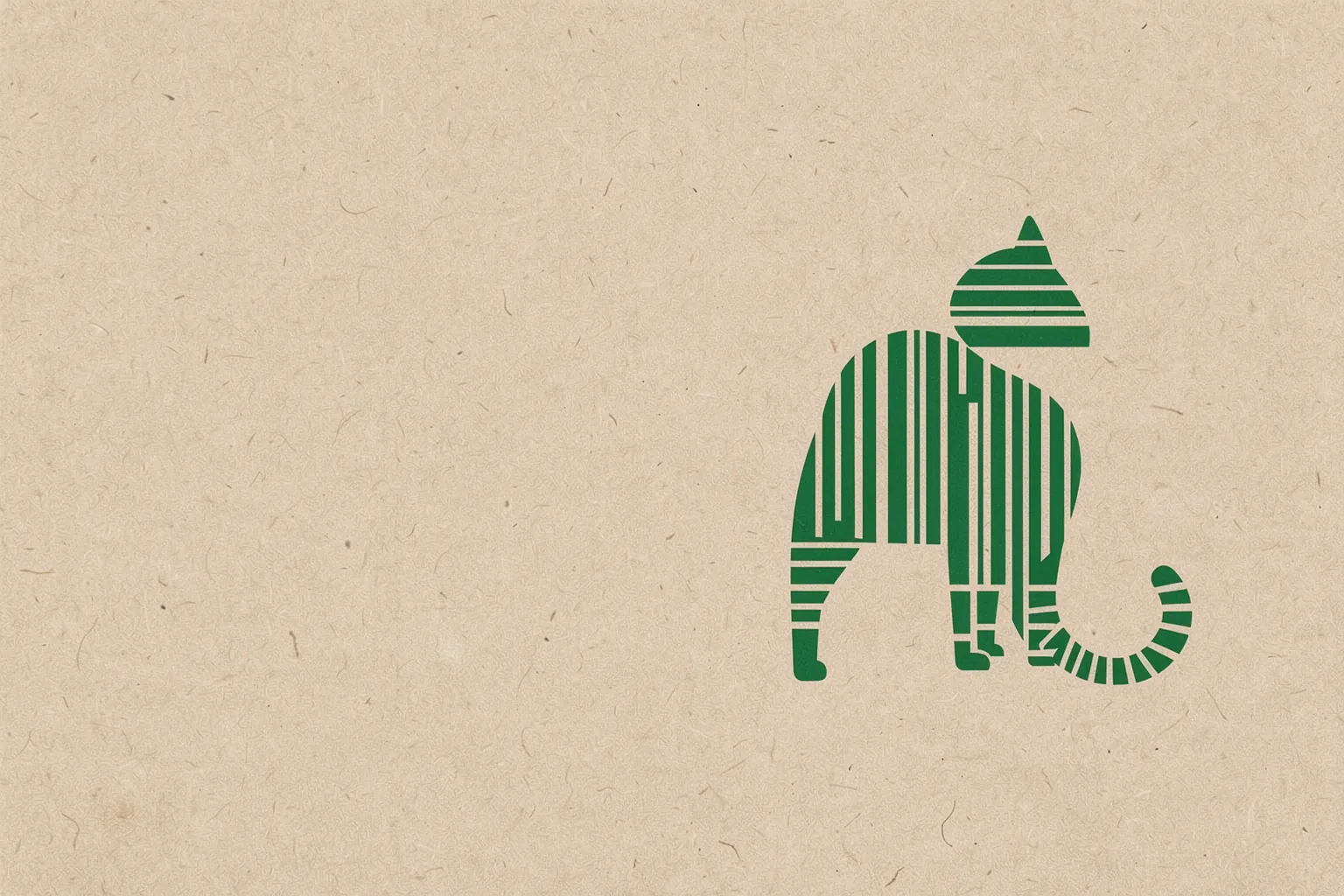 Whimsical Green Cat. A small stylized green cat made of horizontal and vertical stripes sits on textured beige.