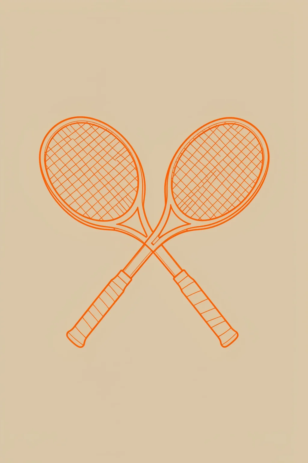 Racquet Rendezvous. Two orange line-drawn tennis racquets cross at their handles on a plain beige background.