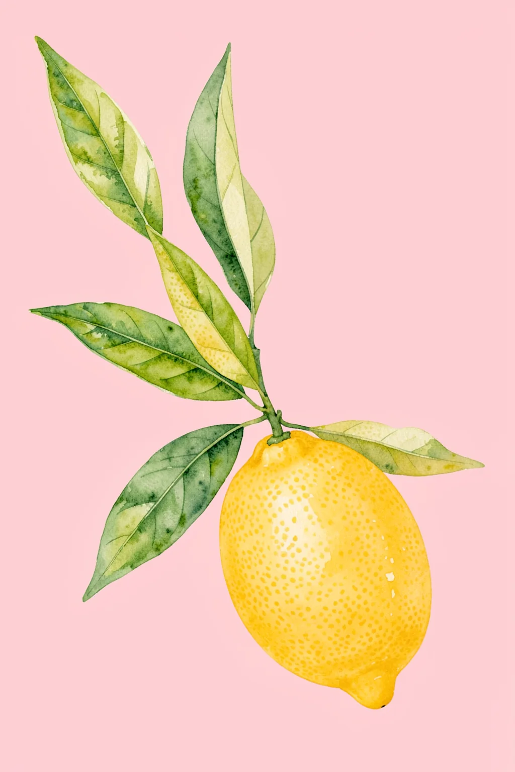 Watercolor Lemon Branch. A watercolor lemon hangs from a leafy green branch against a soft pink background.