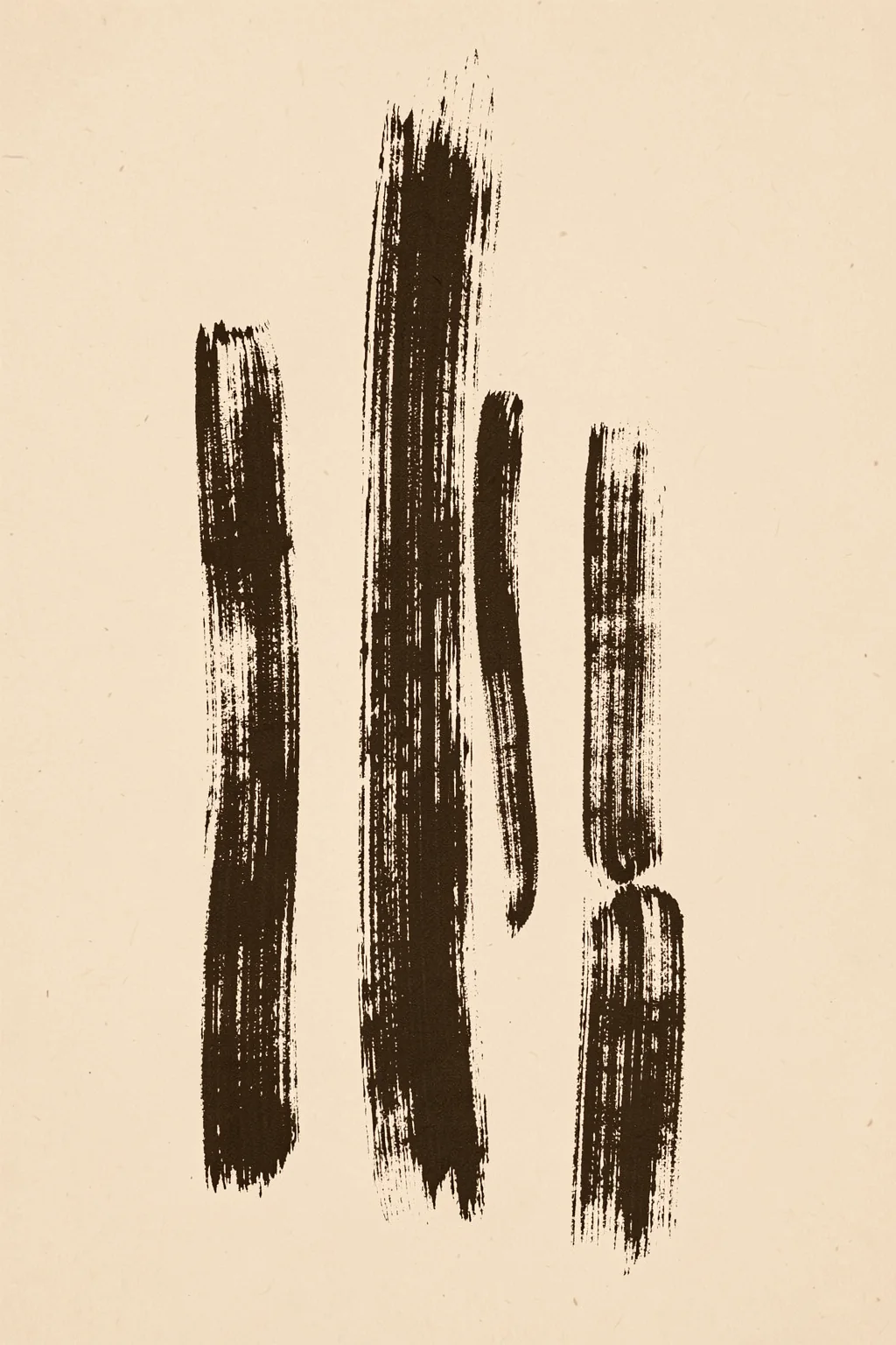 Abstract Exclamation Marks. Rough black vertical brush marks of varied heights form an abstract punctuation-like composition on textured beige.