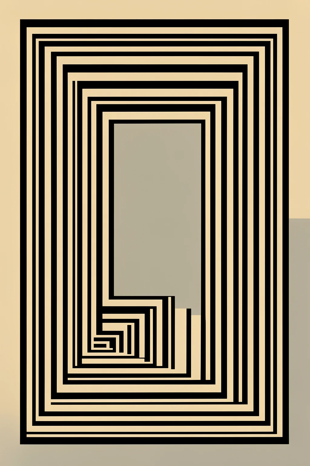 Geometric Echoes. Nested black rectangular lines recede and curl inward around a gray central shape on a warm pale background.