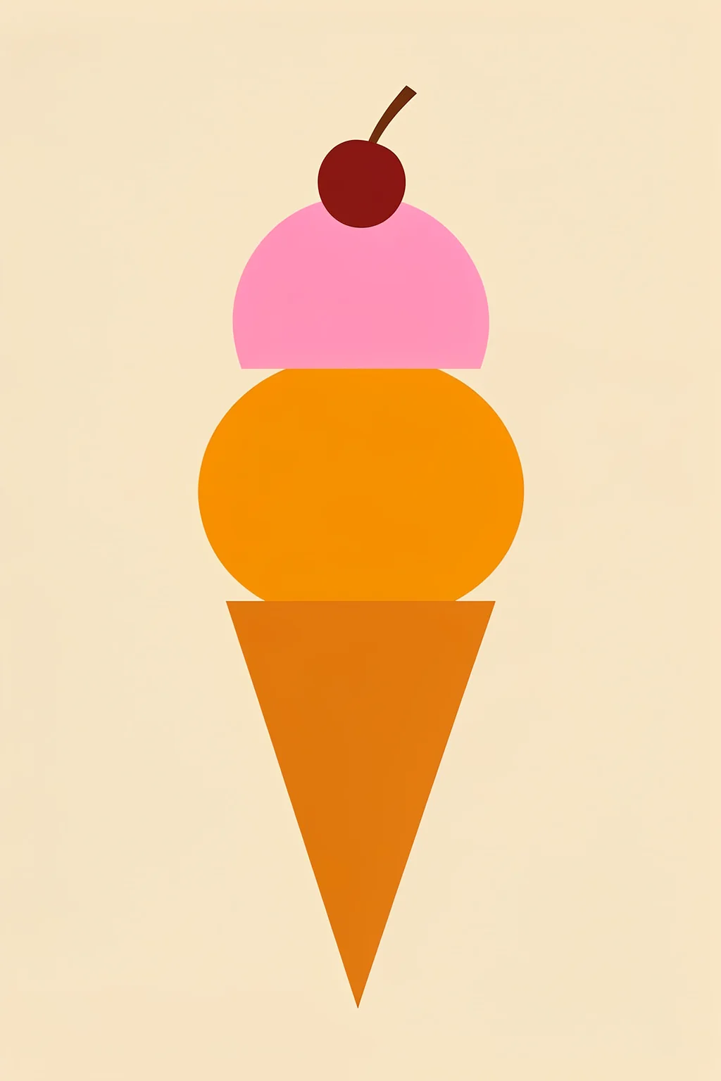 Colorful Ice Cream Cone. A geometric ice-cream cone stacks orange and pink scoops beneath a red cherry on a pale cream background.