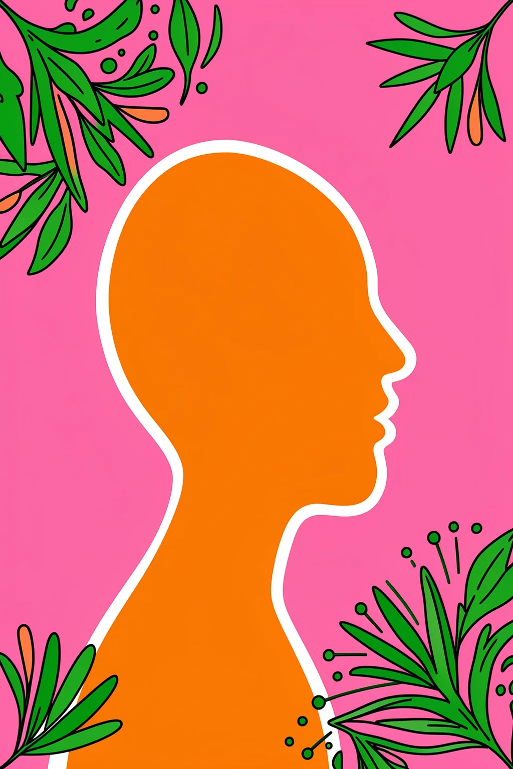 Create Your Jungle. An orange side-profile silhouette is framed by leafy green branches against vivid pink.