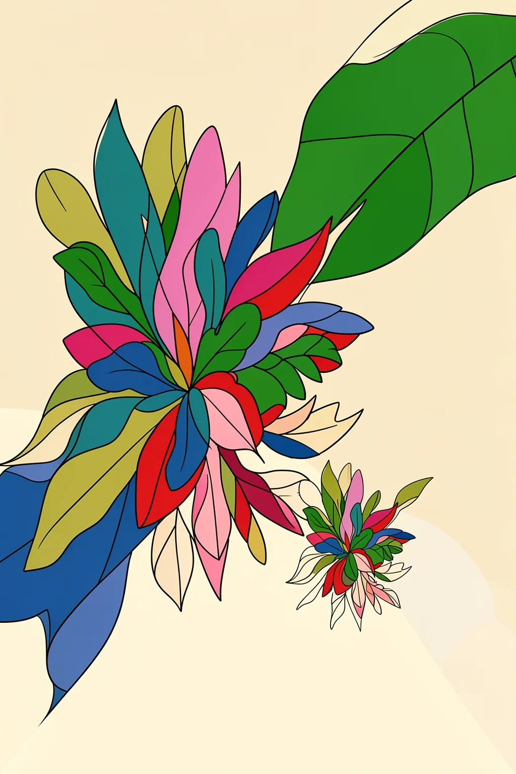 Creative Bloom. Two clusters of pointed leaves and petals in red, pink, teal, blue, and olive form a bold bouquet on cream.