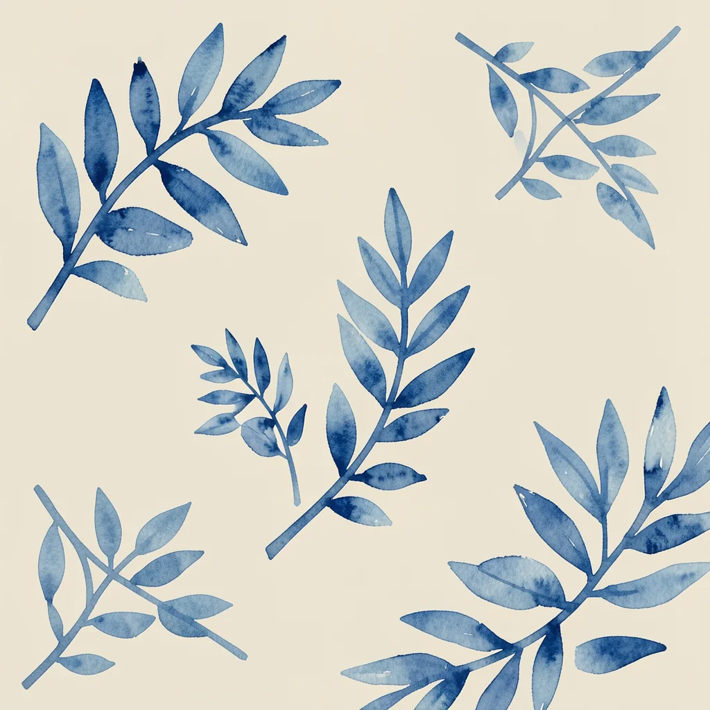 Flowing Indigo Leaves. Watercolor branches with blue and indigo leaves are scattered across a warm cream background.