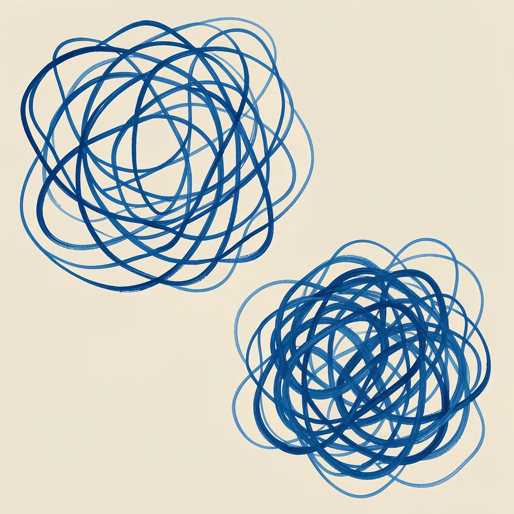 Fluid Blue Lines. Two dense tangles of looping blue lines sit diagonally apart on a pale beige ground.