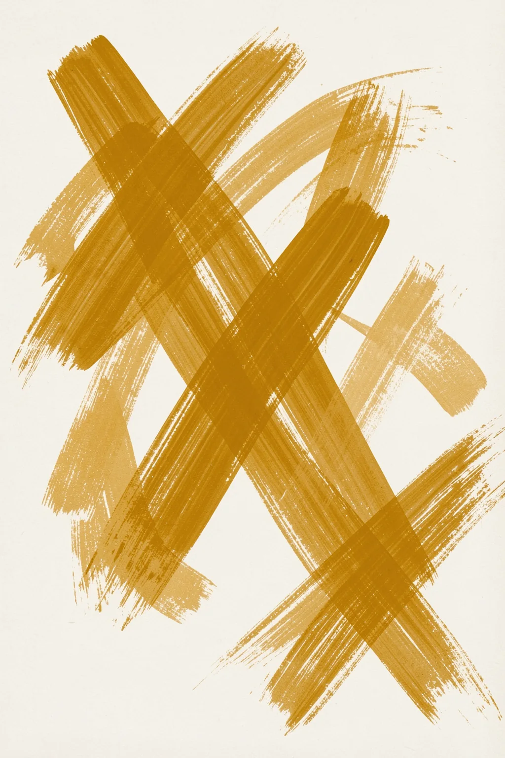 Modern Beige Abstract. Broad ochre and tan dry-brush strokes cross and overlap on an off-white background.