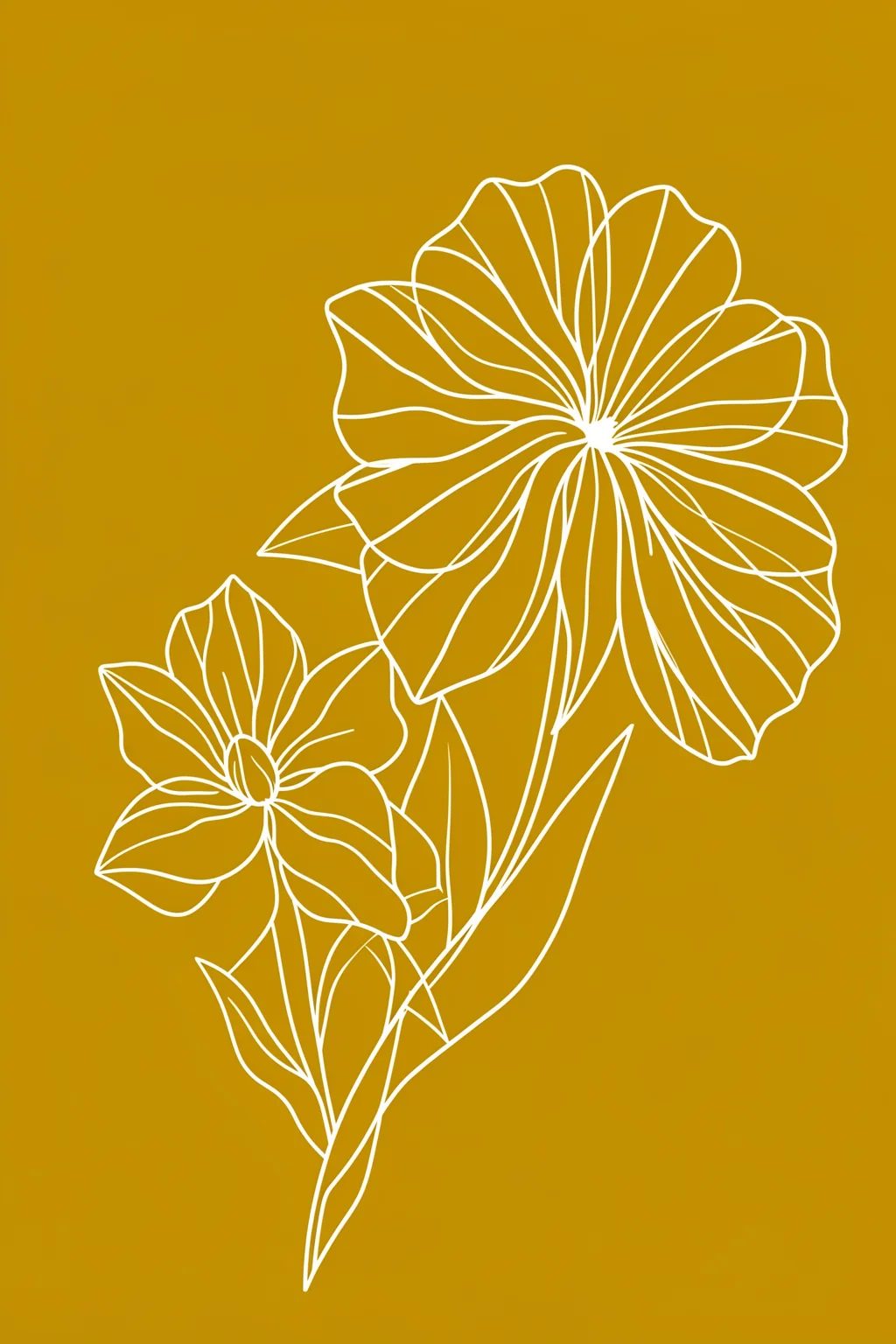 Petal Silhouettes. Two white line-drawn flowers with long stems and leaves overlap on a solid golden ochre background.