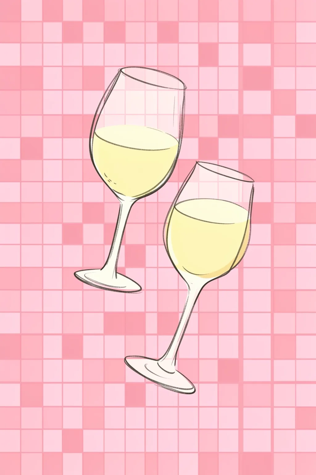 Pink Santé Toast. Two outlined wine glasses filled with pale yellow wine sit at angles over a pink checkerboard.
