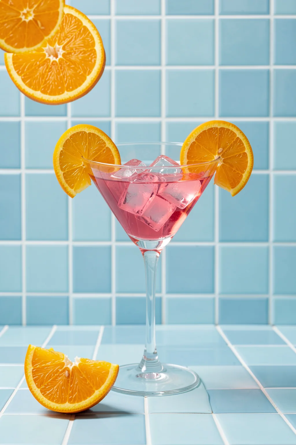 Pink Summer Martini. A pink cocktail with ice is garnished with orange slices against a light-blue tiled wall and counter.