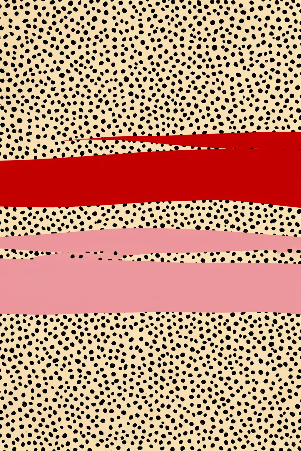 Playful Spotted Abstract. Broad red and pink horizontal bands cut across a cream field densely covered in irregular black spots.