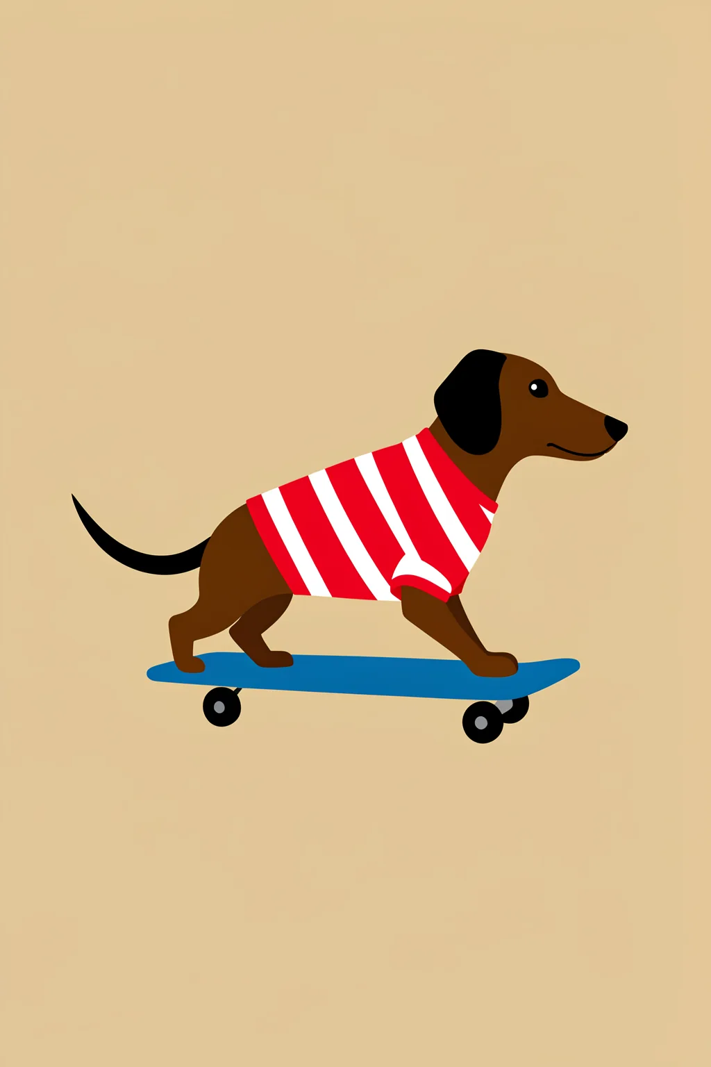 Skateboarding Dachshund Dog. A brown dachshund in a red-and-white striped shirt rides a blue skateboard on a warm tan background.