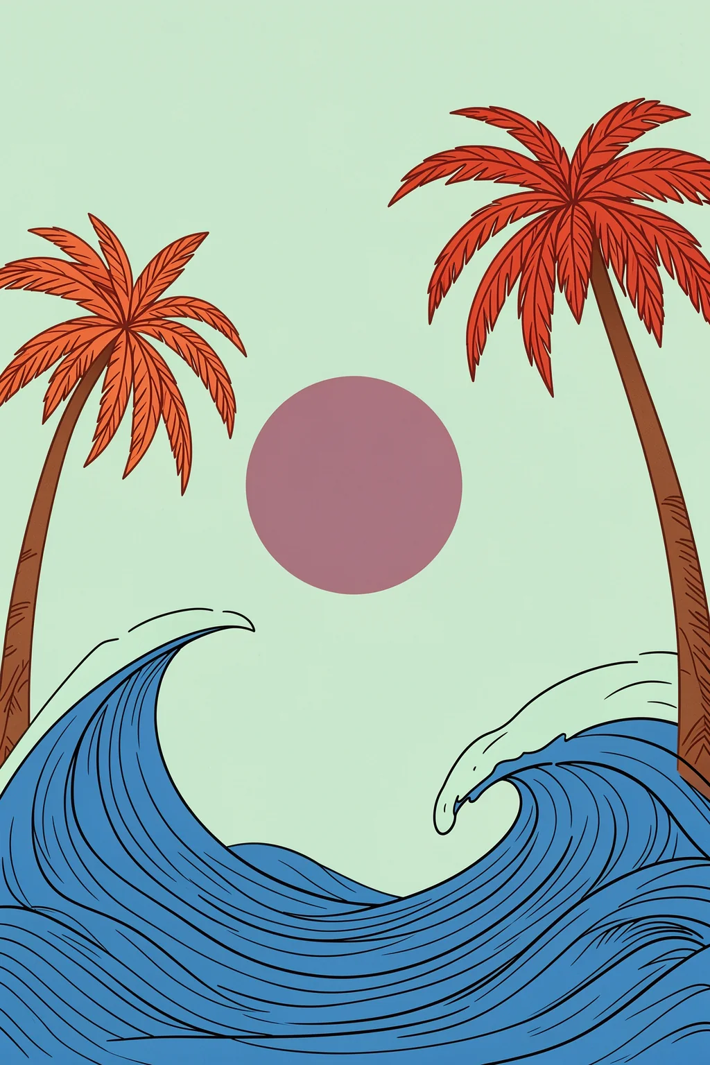 Tropical Beach Waves. Two coral-colored palm trees frame curling blue waves and a muted mauve sun beneath a pale mint sky.