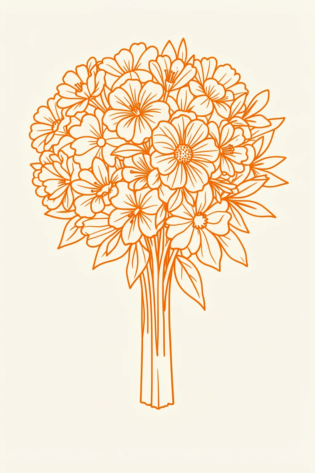 Bouquetsnaturellesno03. A dense bouquet of flowers and leaves is rendered in fine orange linework on warm cream.