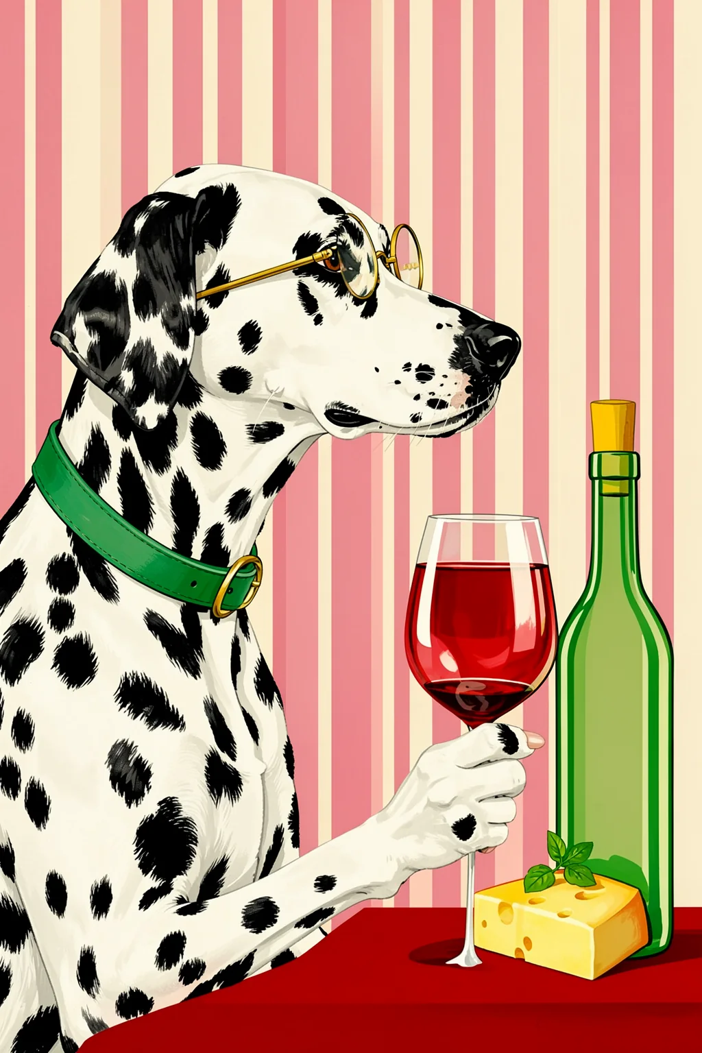 Brie & Bordeaux. A spotted dog wearing round glasses holds a glass of red wine beside a green bottle and a piece of cheese on a red table.