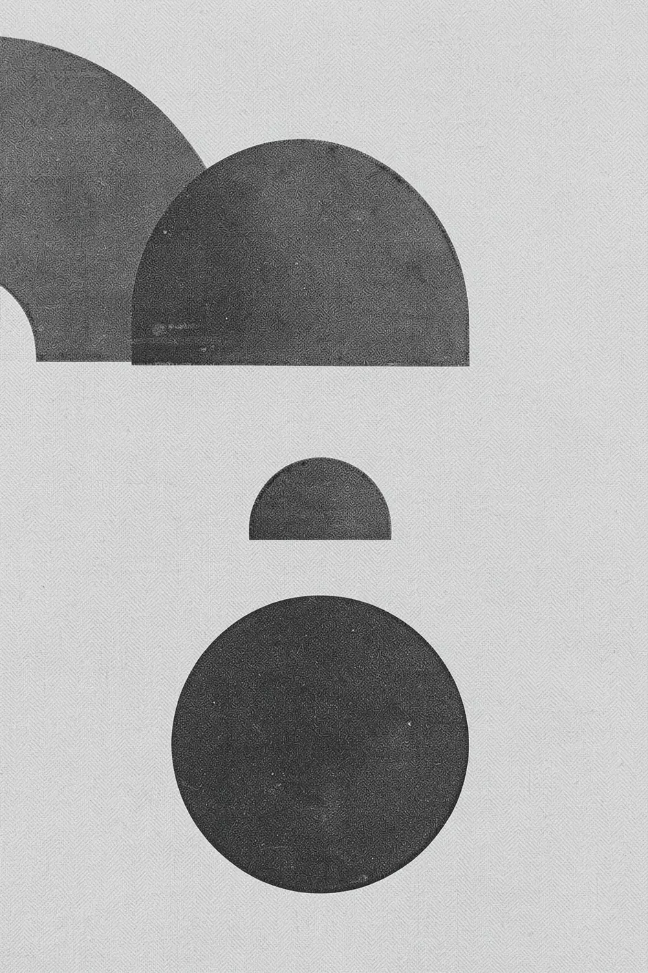 Geometric Harmony. Charcoal semicircles and circles are arranged vertically on a pale gray textured field.