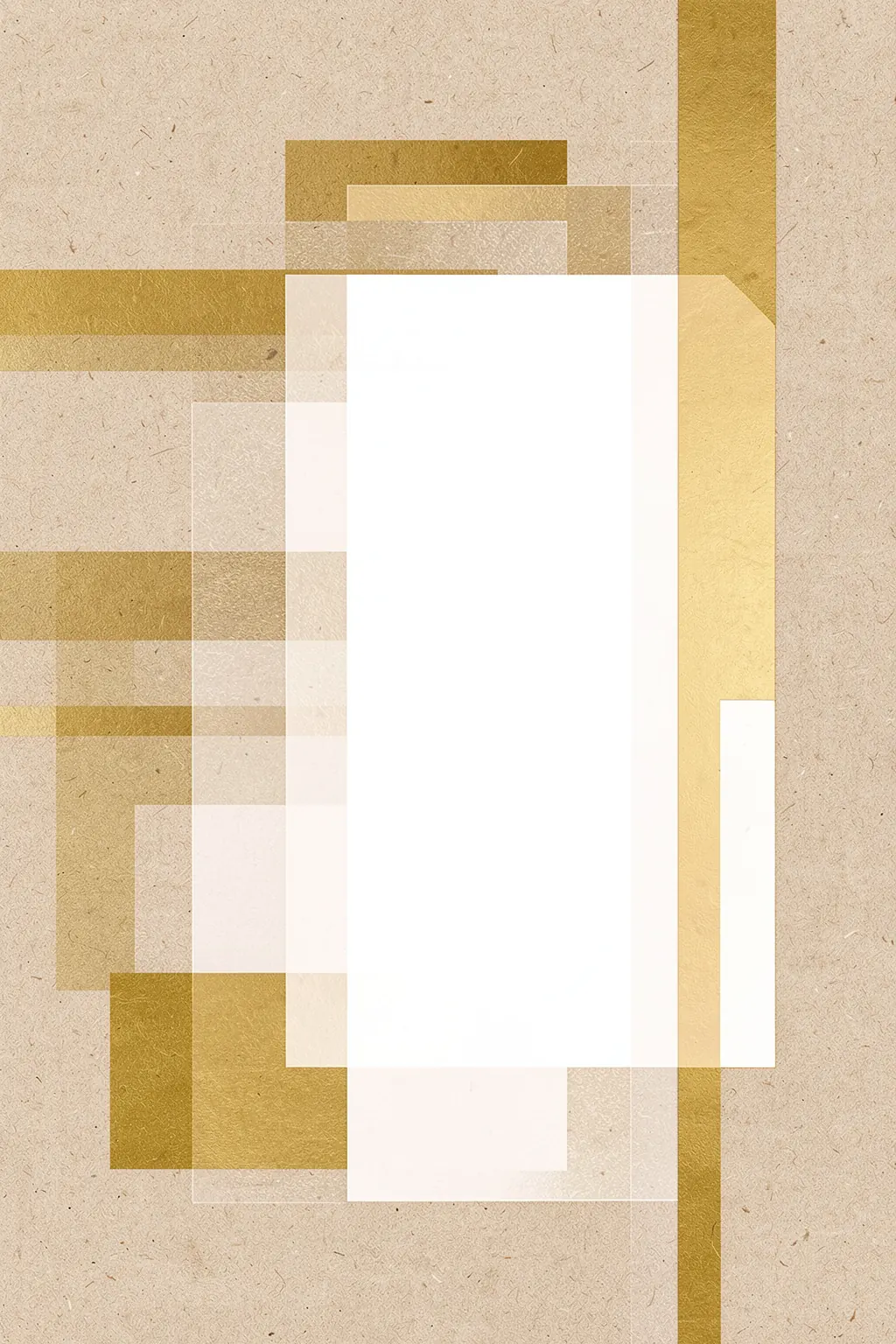 Golden Geometric Flow. Overlapping translucent rectangles in mustard, cream, and white form a layered composition on textured beige.