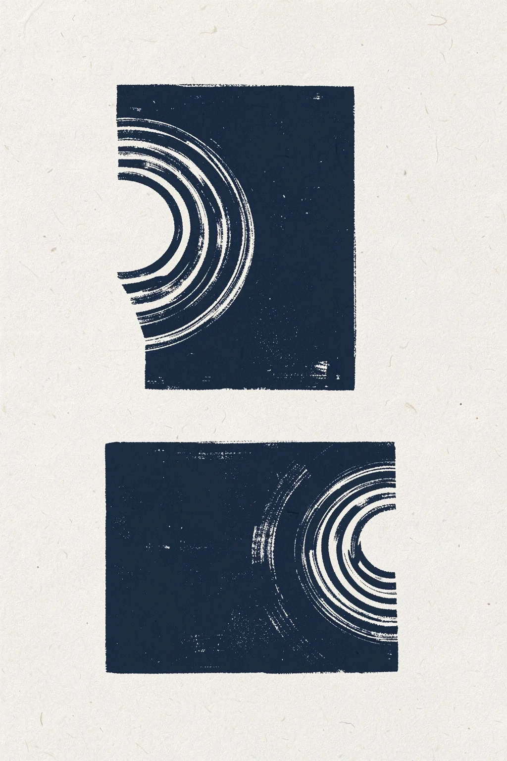 Modern Objects No.2. Two navy rectangular panels contain contrasting white concentric brush arcs, one set on each panel.