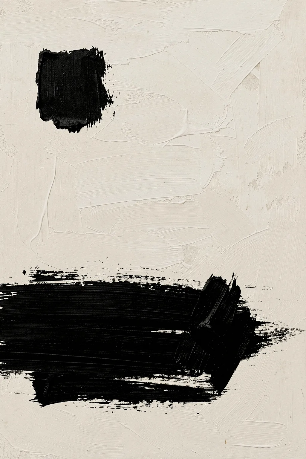 Rustic Organic Oil Painting. A thick black horizontal brushstroke and a separate square mark contrast with a heavily textured off-white ground.