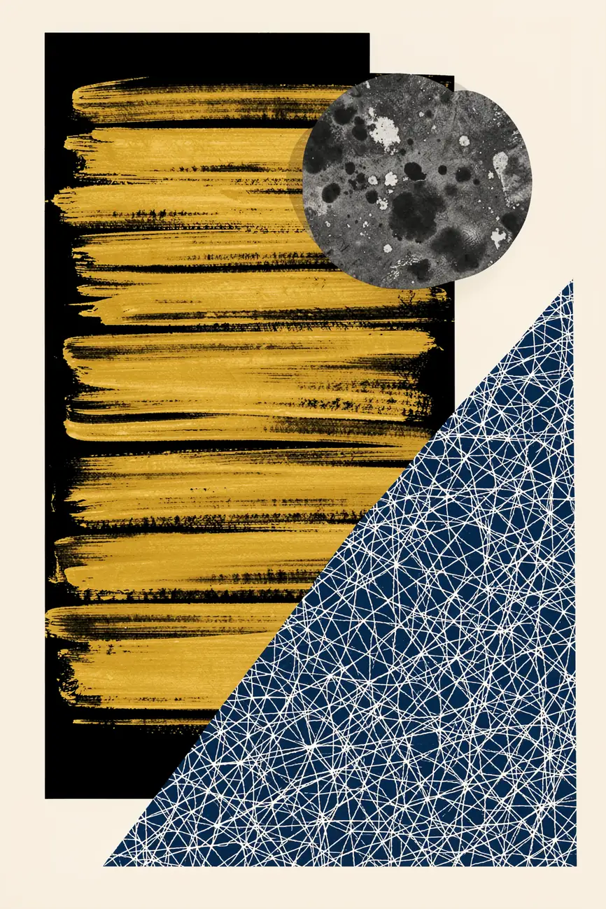 Modern Gold Blue Shapes. A black panel with layered gold brush marks and a mottled gray circle overlaps a navy triangle filled with fine white lines.
