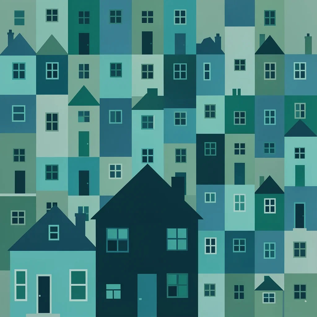 Colorful Village Homes. A tightly packed village of small teal and blue houses, with varied roofs and windows, fills the image.