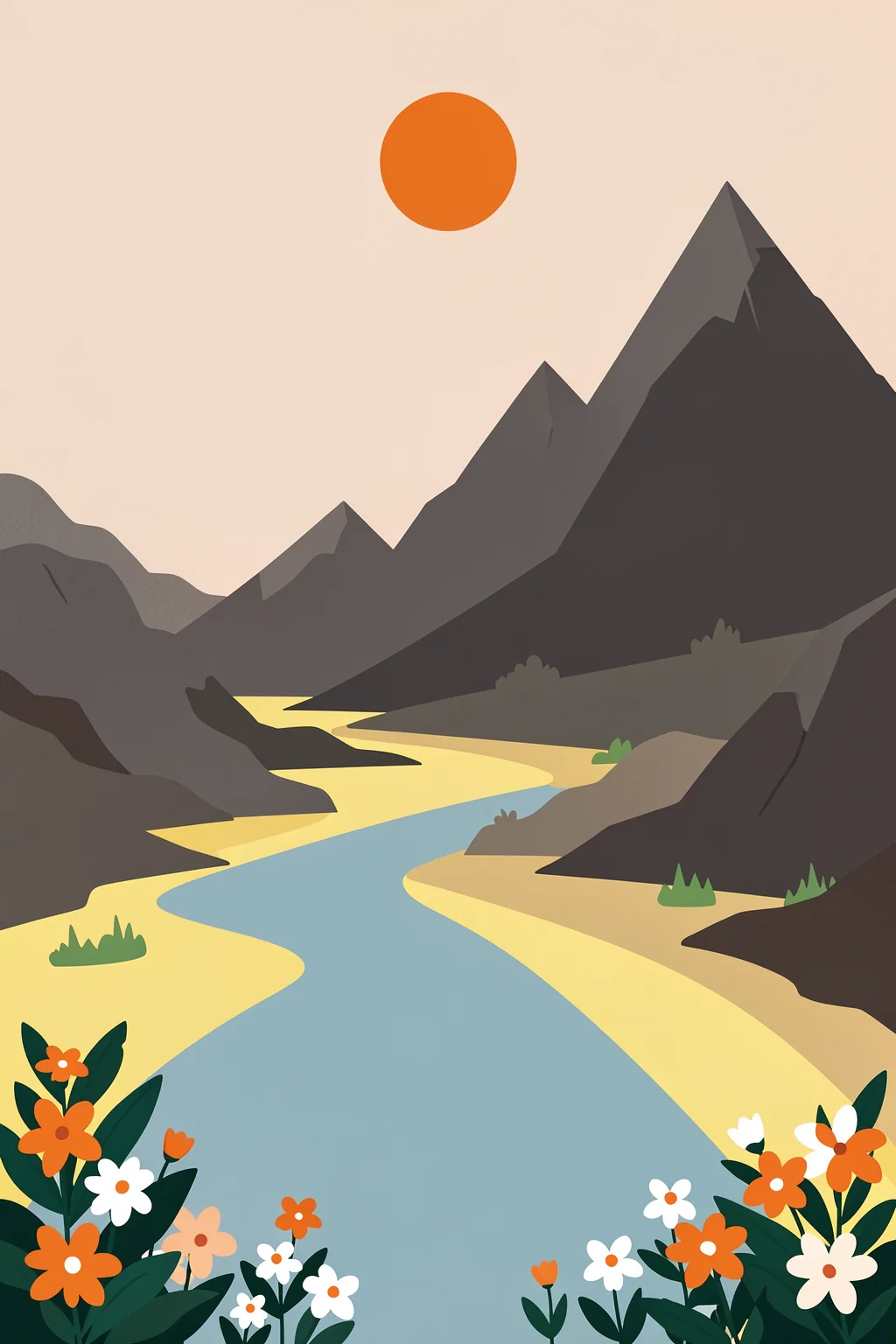 Colorful Mountain Valley. A winding pale river passes through dark angular mountains beneath an orange sun, with flowers along the foreground banks.