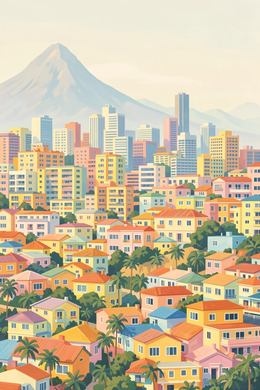 Colorful Phoenix City. A colorful city of pastel homes and taller buildings sits below a pale mountain range.