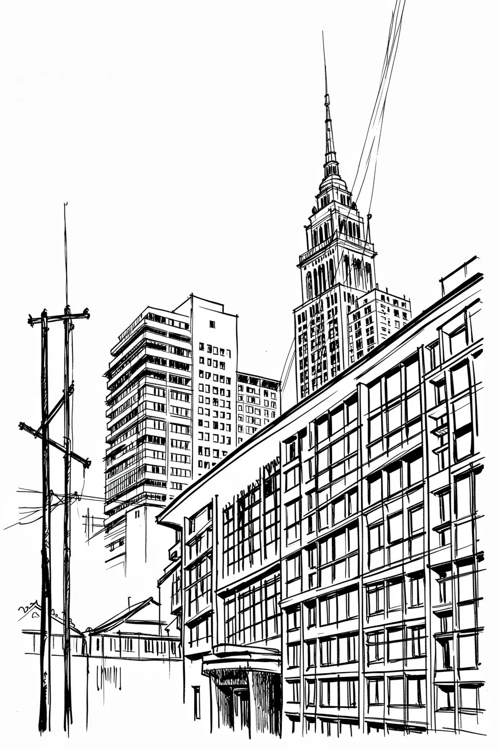 Manhattan Skyline Sketch. A black ink street sketch shows dense city buildings and a tall spired skyscraper rising above them.