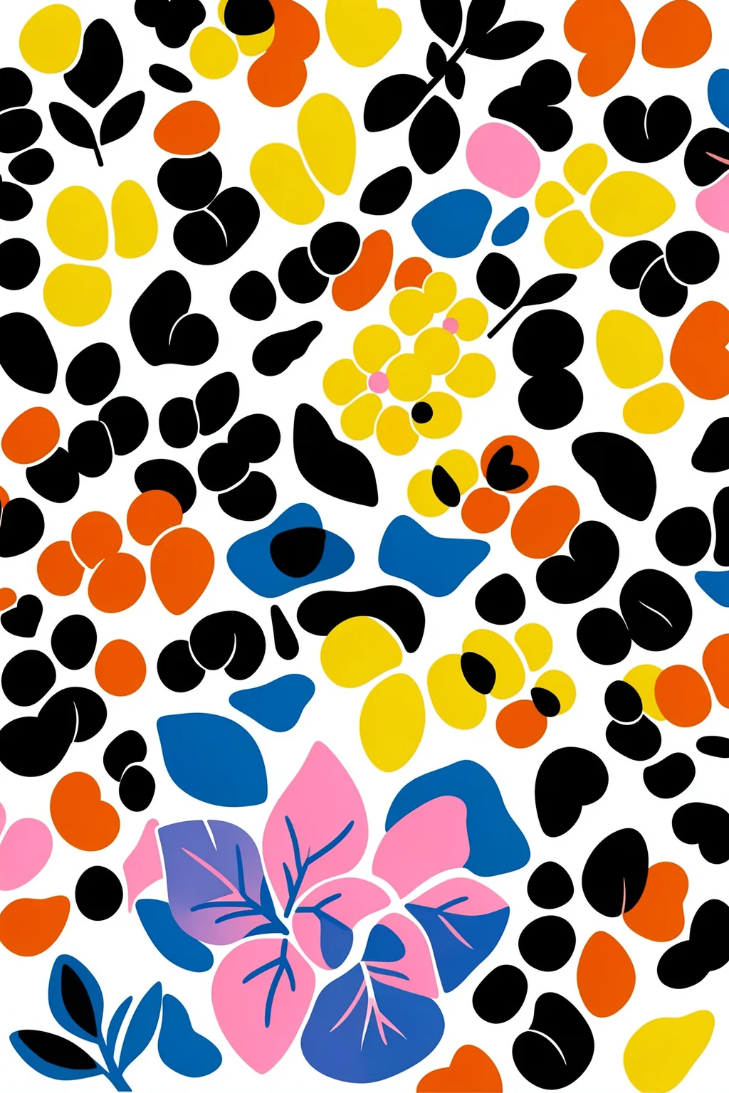 Blooming Whimsy. Bright yellow, orange, blue, and pink petal-like shapes mingle with black organic spots on white.